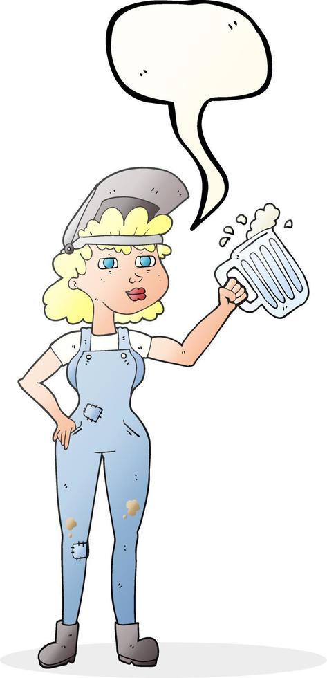 Discurso de burbuja dibujada a mano alzada cartoon mujer trabajadora con cerveza vector