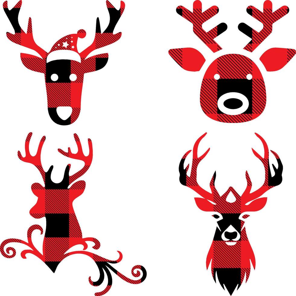 Deer head buffalo plaid set. Vector illustration woodland animal . Lumberjack clipart.