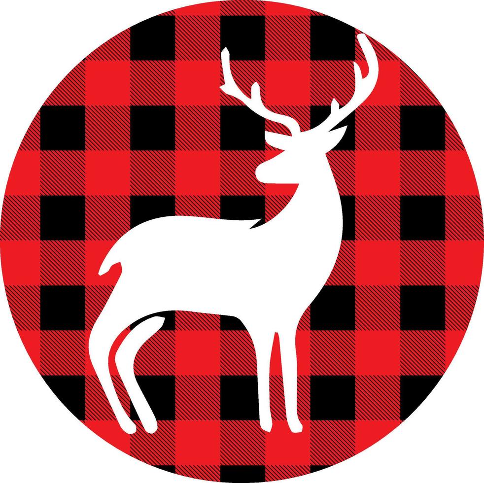 Vector illustration of a standing reindeer with Christmas ornaments. Holiday red buffalo plaid reindeer design.