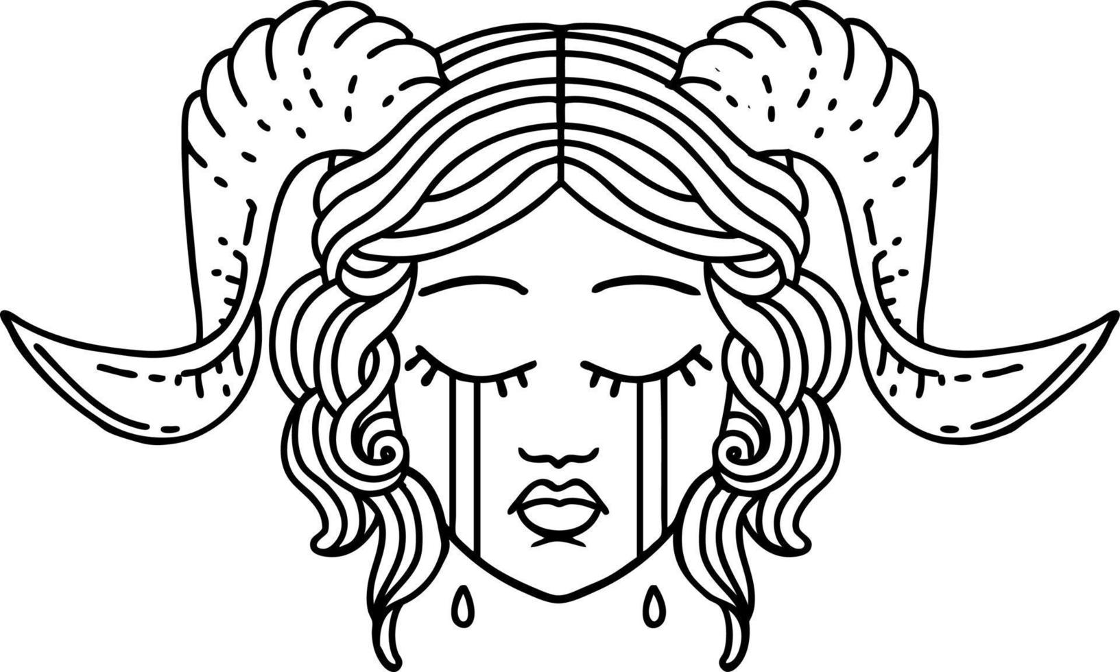 Black and White Tattoo linework Style crying tiefling character face vector