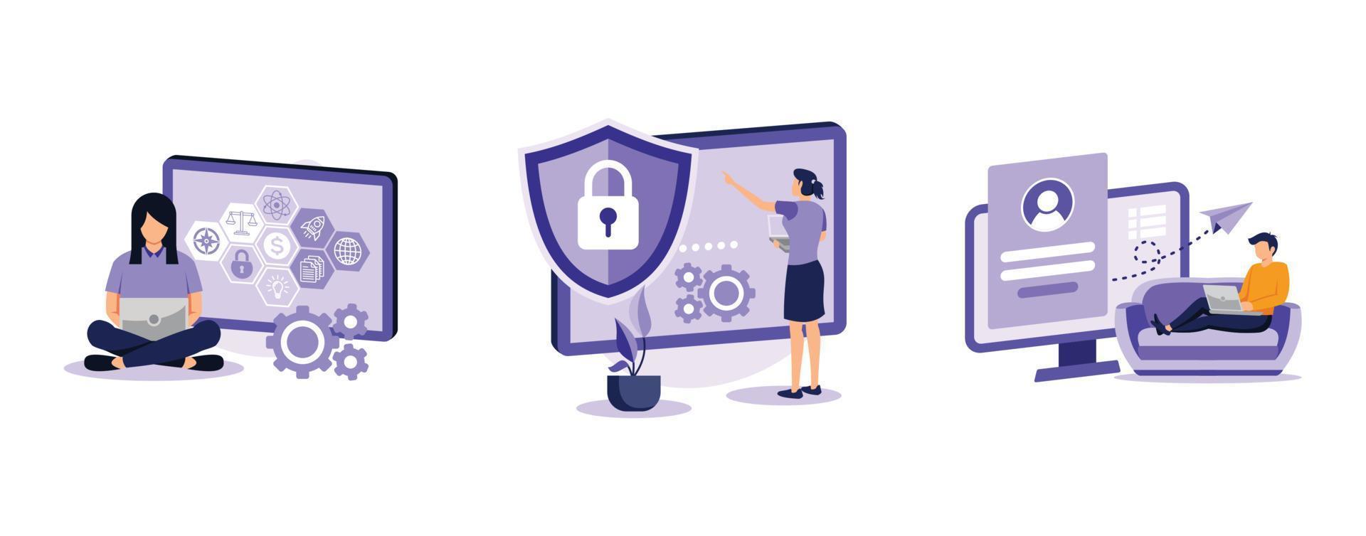 Cloud service access.  Shared document, cyber security, sign in page, public folder access, editing online, data protection. set flat vector modern illustration