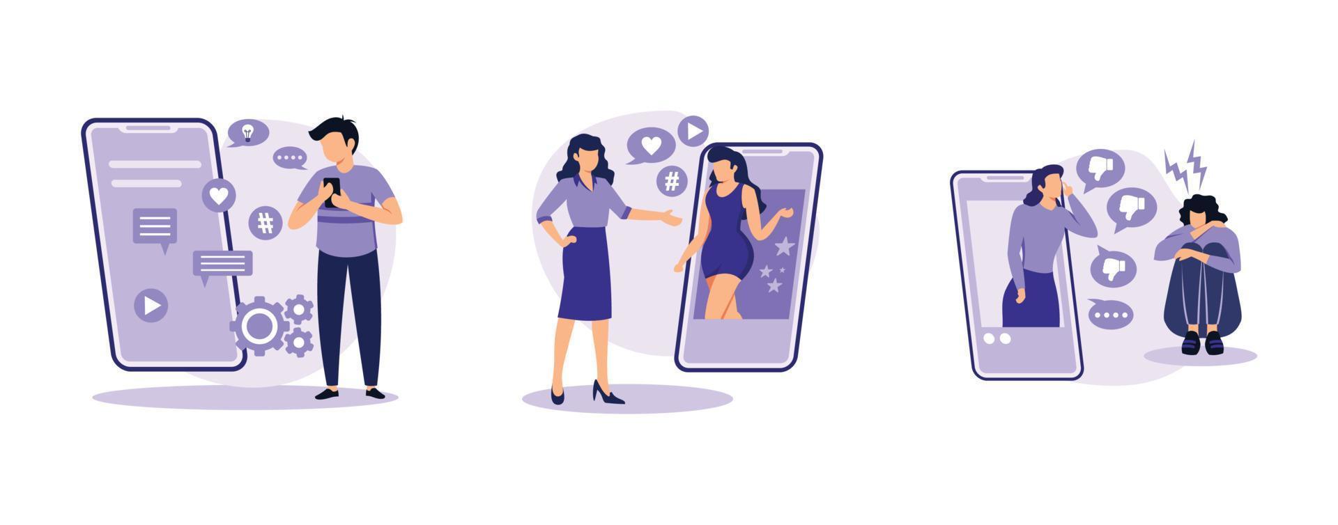 Celebrity media engagement. Social media star, merch clothing, sold-out event, account monetization, branded design. set flat vector modern illustration