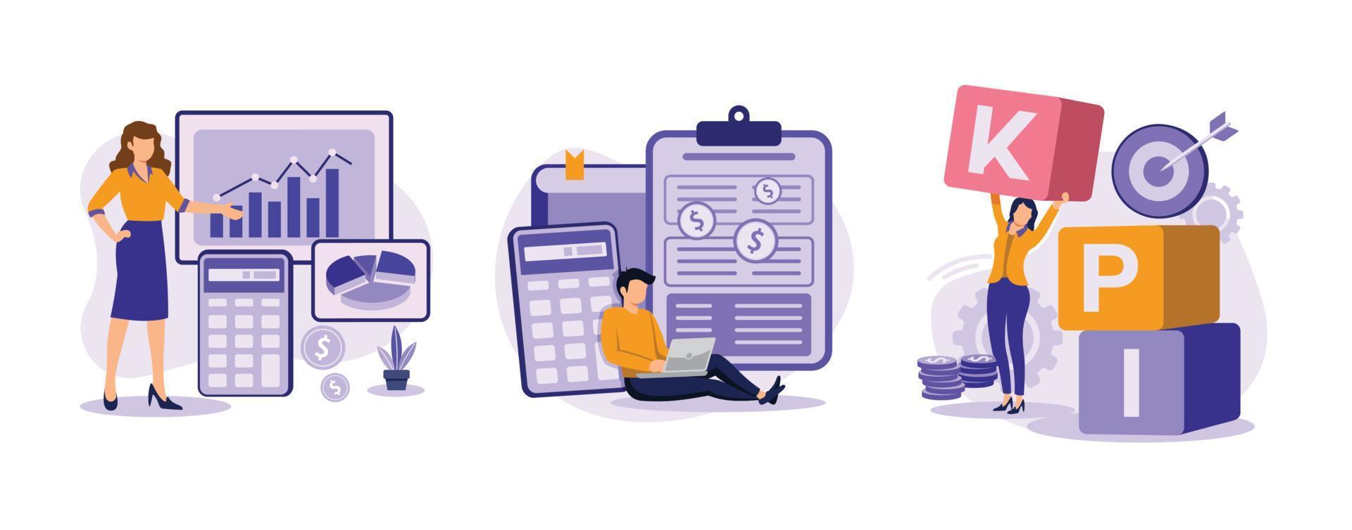 Corporate profit. Financial management system, net income calculating, KPI success measurement, company growth, budget planning. set flat vector modern illustration