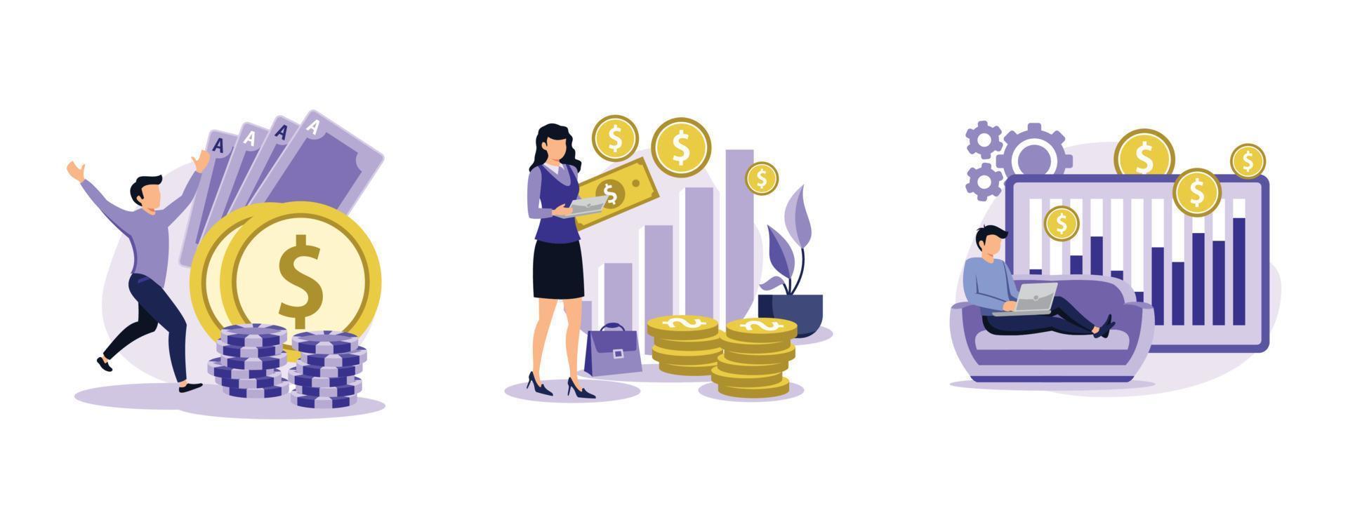 Capital gain. Gambling, portfolio and passive income, online casino, investments and bonds, cash flow, money slot, mutual fund. set flat vector modern illustration