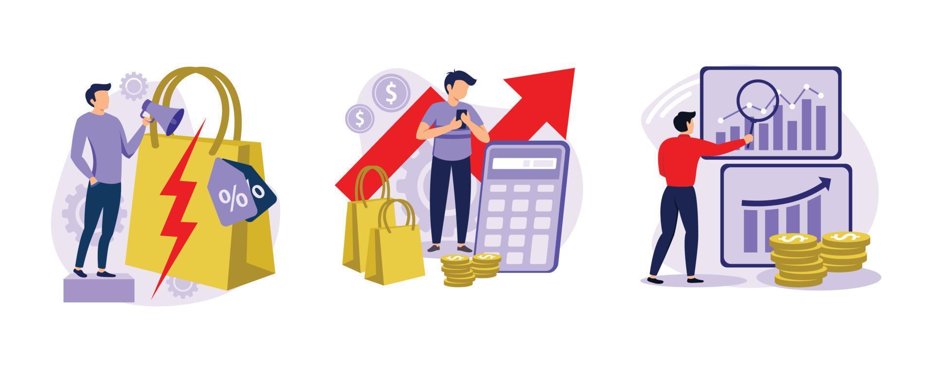 Retail profit plan. Flash sale, sales forcasting and index, special offer, e-commerce shop promotion, business statistics. set flat vector modern illustration