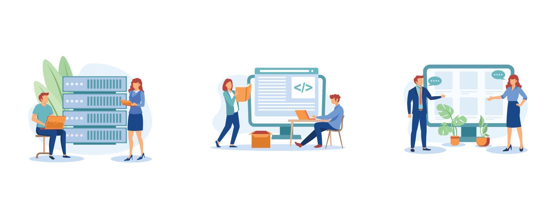 Website architecture. Web development, PHP and MySql, CMS content management system, interface design, software testing. set flat vector modern illustration