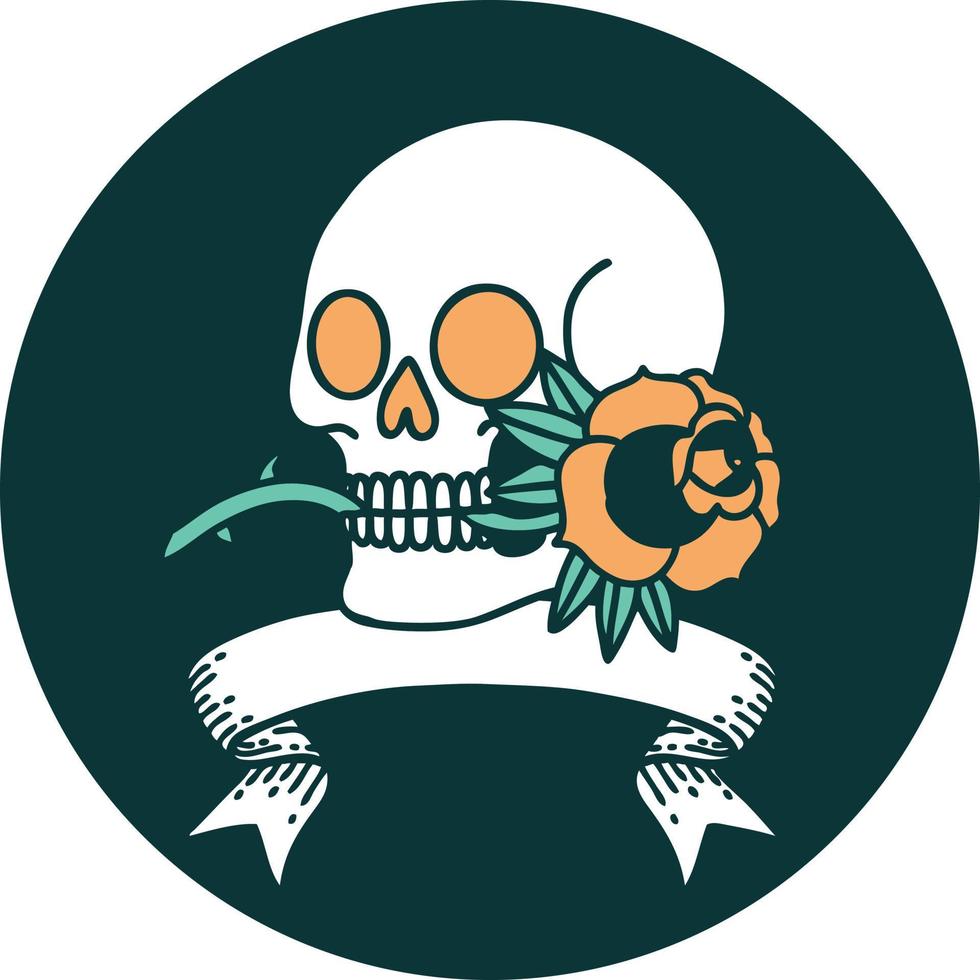 tattoo style icon with banner of a skull and rose vector