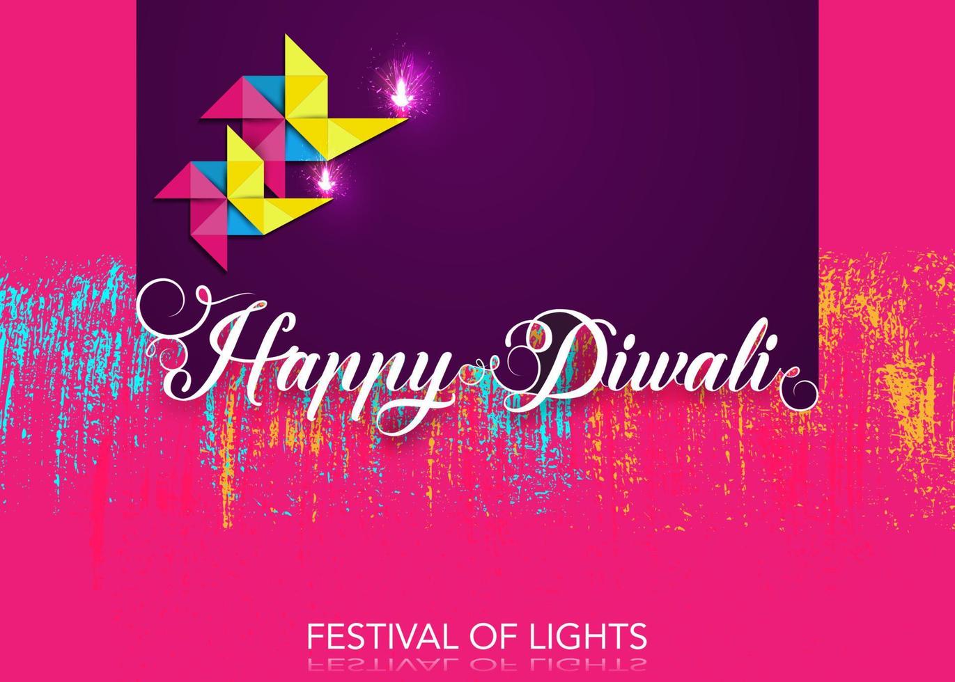 Feliz festival de diwali de celebración de luces plantilla colorida en papel de origami diseño gráfico de lámparas de aceite diya indias, diseño plano moderno. estilo de arte de banner vectorial, fondo de color degradado vector