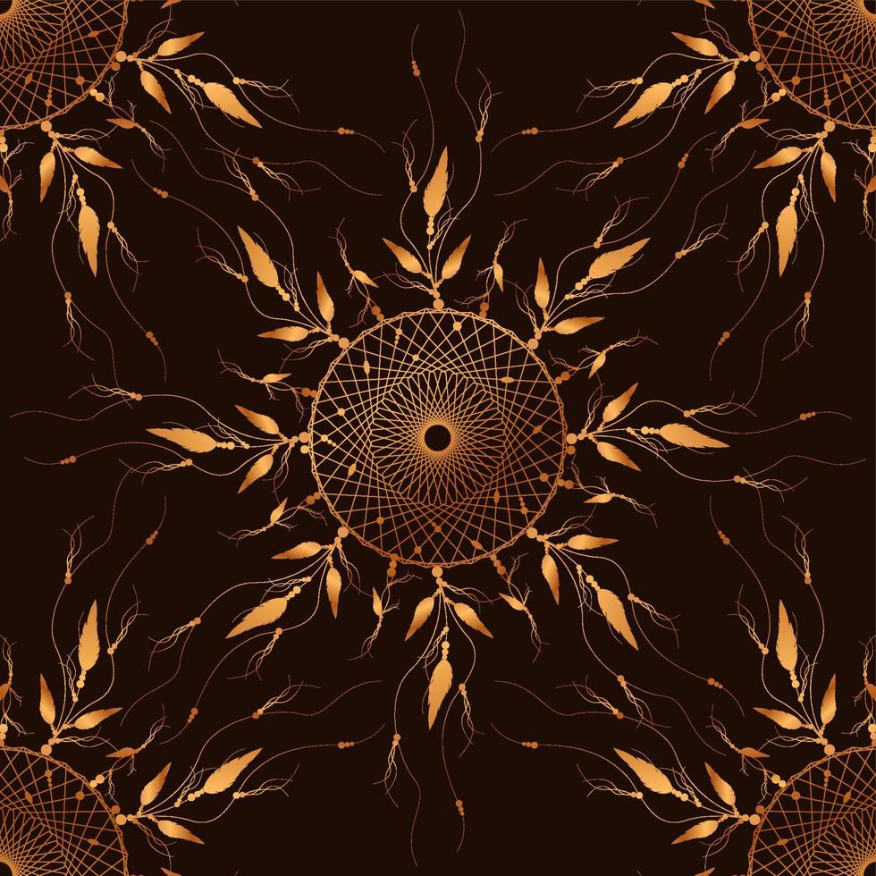Dreamcatcher mandala pattern ornament, bird feathers and Sun Flowers Gold round Mystic symbol, Ethnic art with native American Indian boho design, vector isolated on old vintage retro background