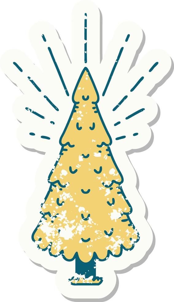 worn old sticker of a tattoo style pine tree vector
