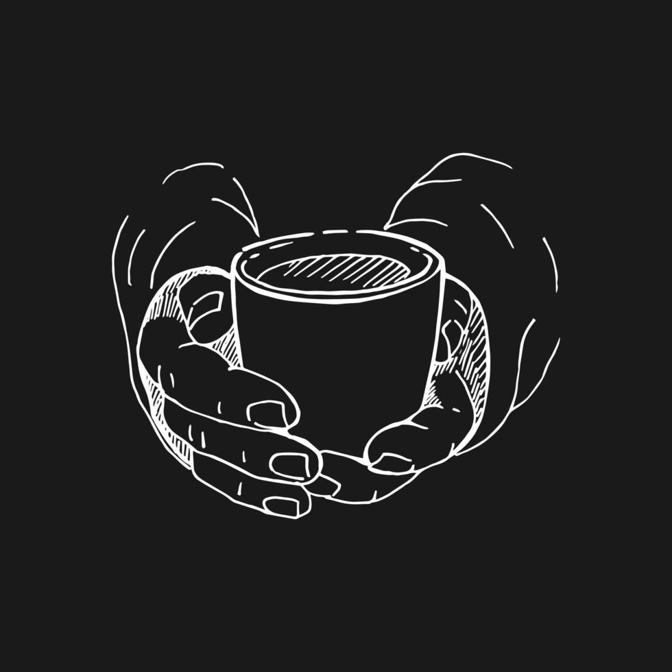 Hand drawn sketch of hands holding a cup of coffee, tea etc. Vector illustration isolated on black background.