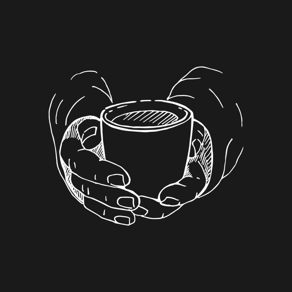 boceto dibujado a mano de manos sosteniendo una taza de café, té, etc. ilustración vectorial aislada en fondo negro. vector