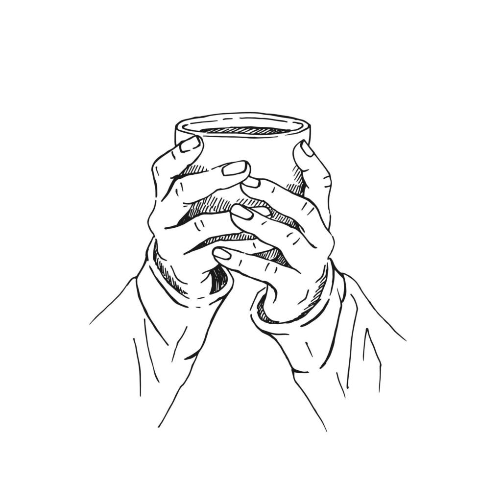 Hand drawn sketch of hands holding a cup of coffee, tea etc. Vector illustration isolated on white background.