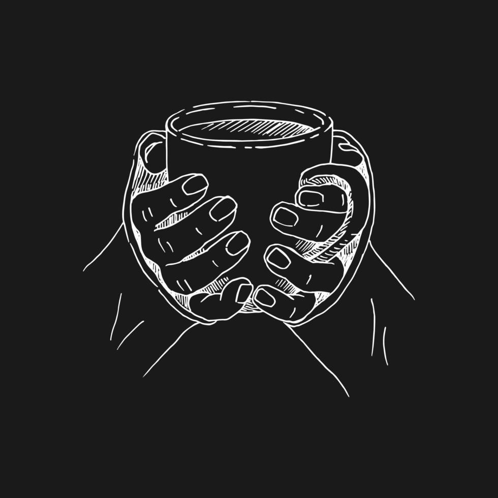 Hand drawn sketch of hands holding a cup of coffee, tea etc. Vector illustration isolated on black background.