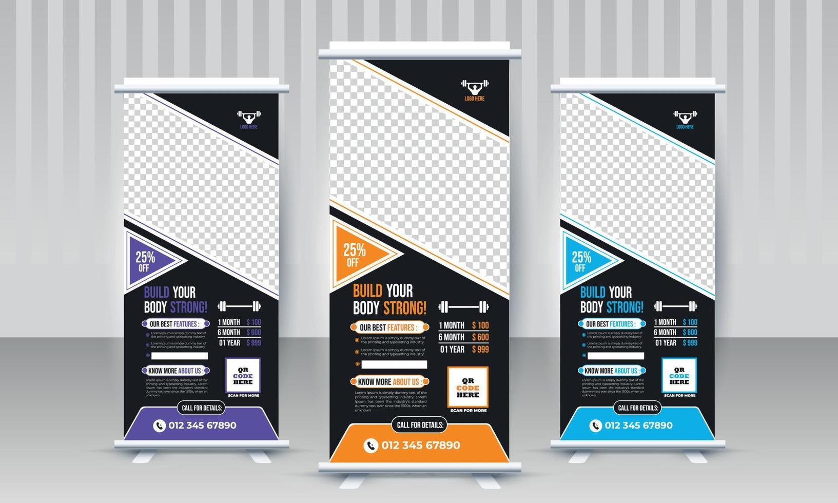 Build your body strong Fitness gym business standee x rollup banner design with three color variants violet orange sky blue modern abstract vector template