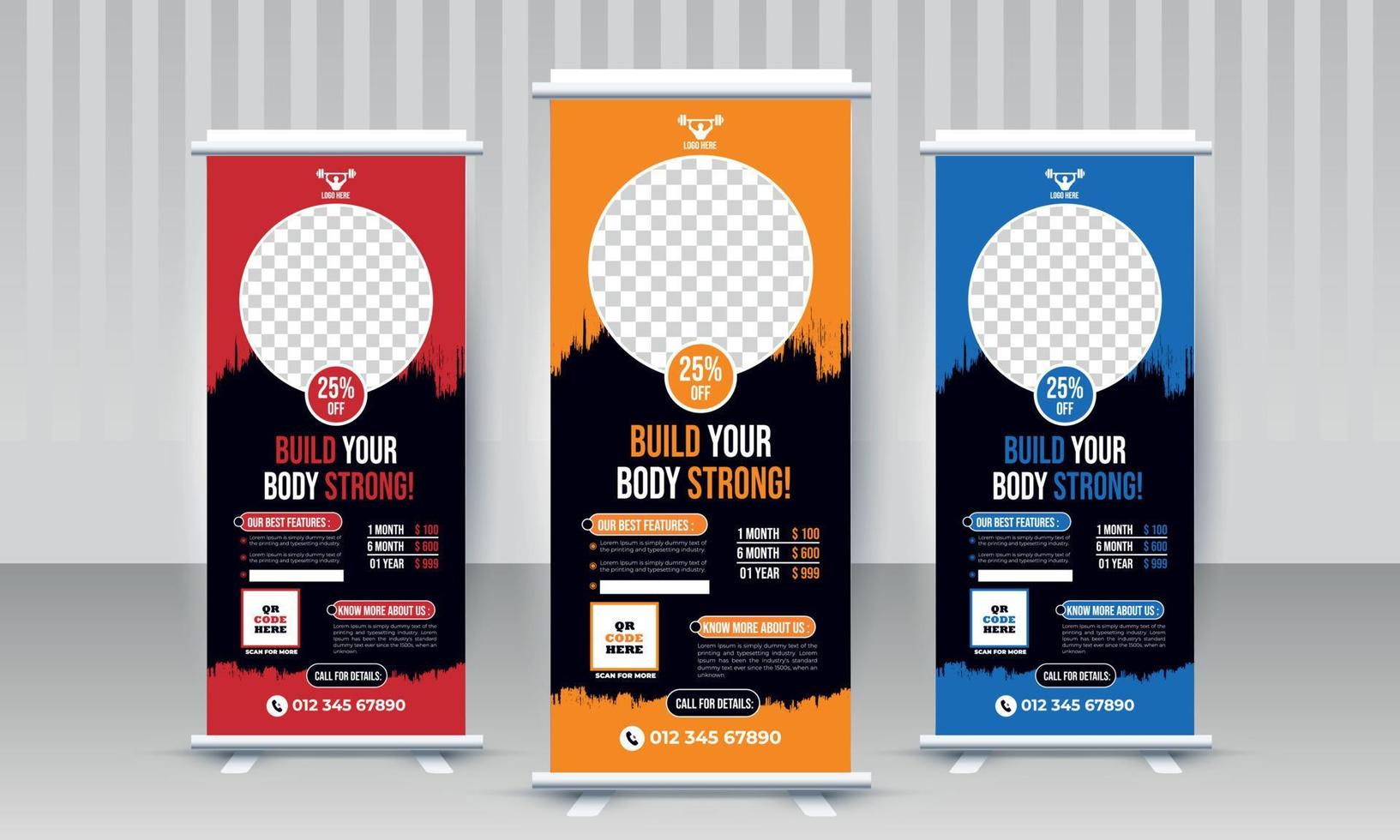Build your body strong Fitness gym business x stand signage roll up banner design with three color variants red orange blue modern vector template