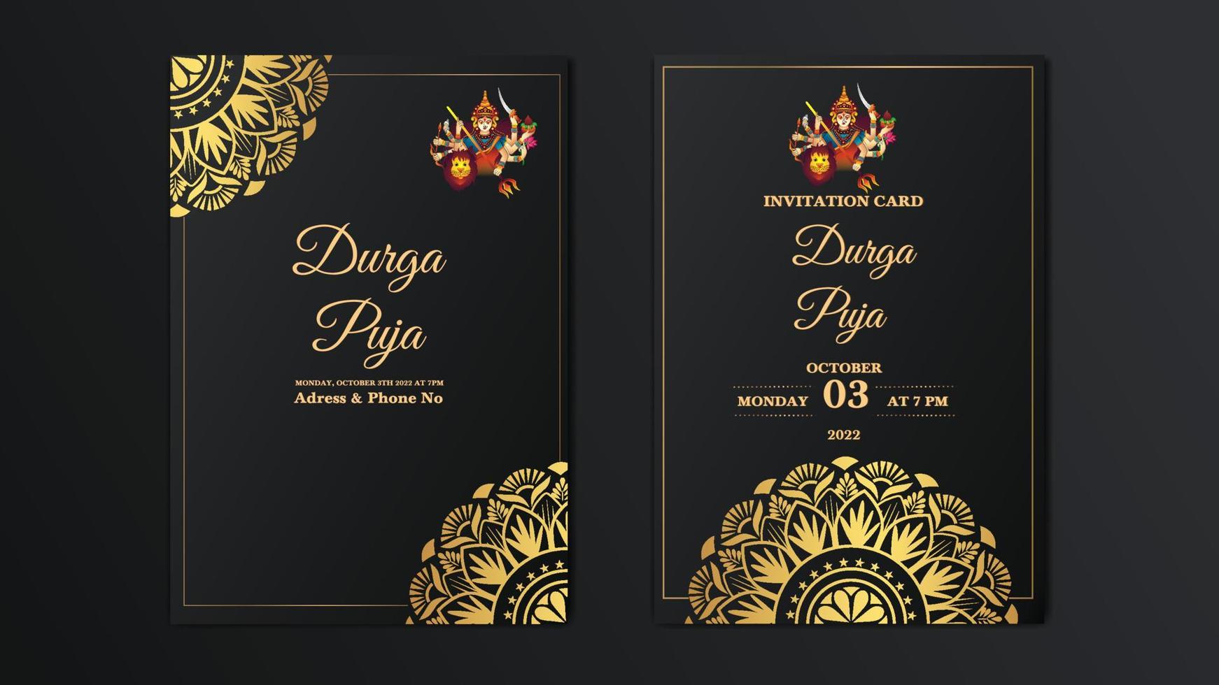 Luxury vintage golden vector invitation card template. Happy Durga Puja set of greeting cards, posters, entertainment covers. Durga Puja design with beautiful mandala, modern style, dark background