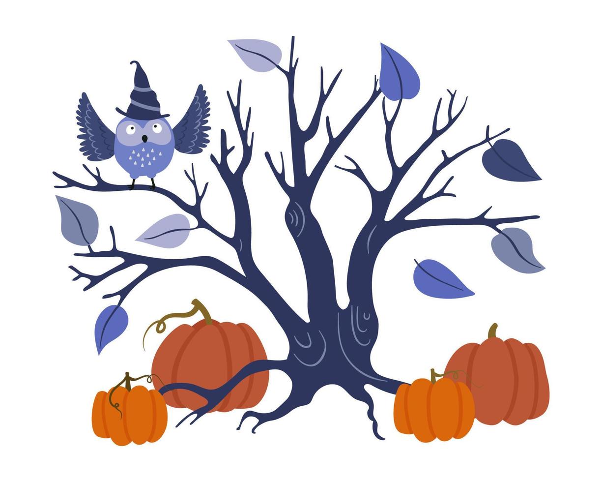 Halloween scene. Scary tree with branches, an owl and pumpkins isolated on a white background. Vector flat illustration.