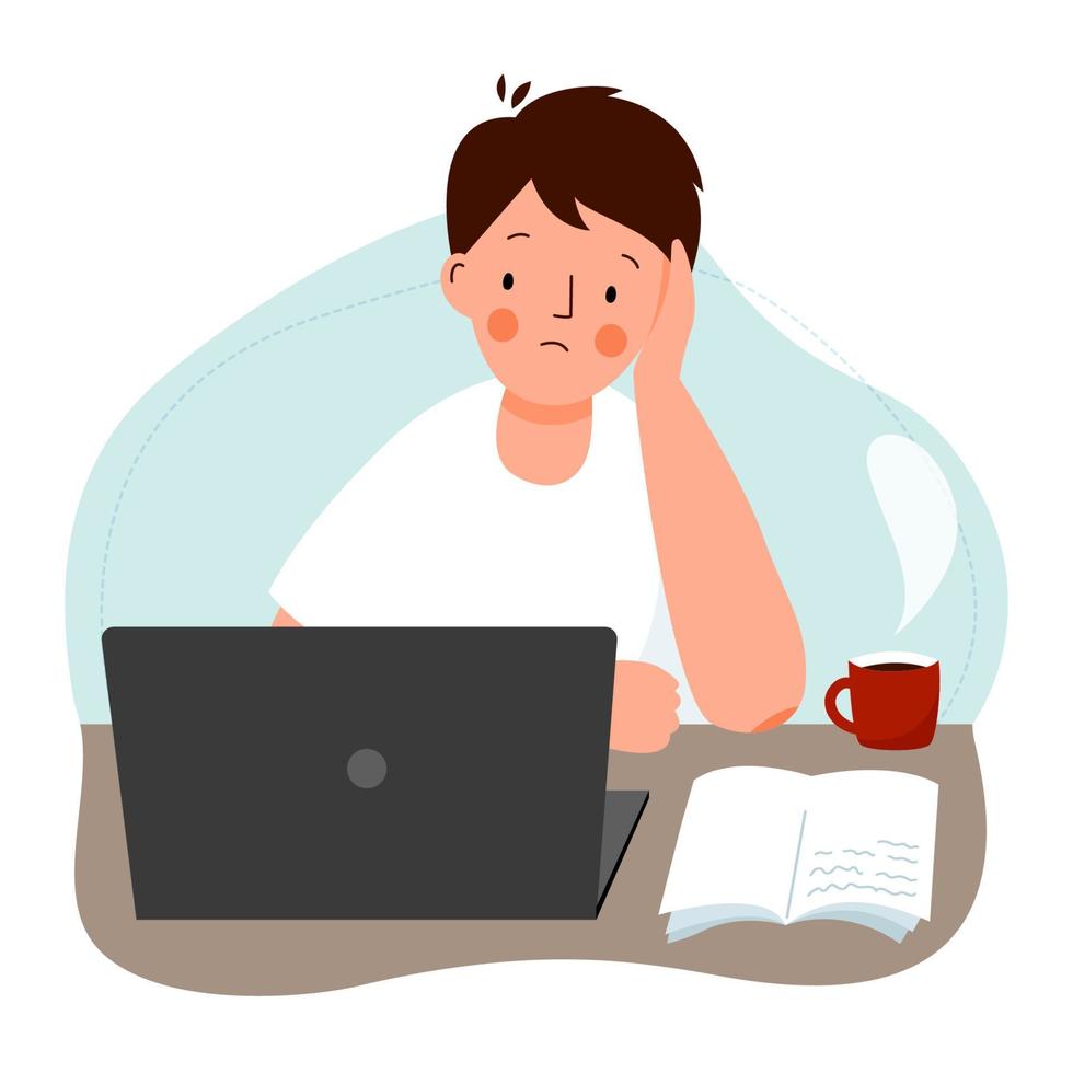 The schoolboy with laptop does difficult homework. The student with notebook is engaged, learning difficulties. Vector flat illustration.