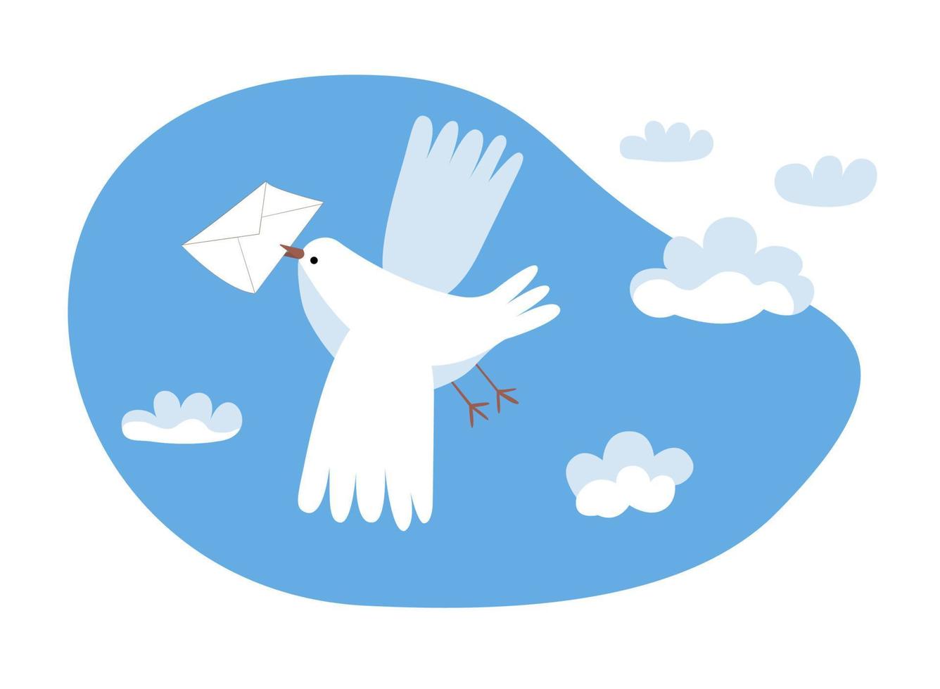 White pigeon postman flies in the sky with a mail. Dove delivers letters. Pigeon post. Vector hand drawn illustration.