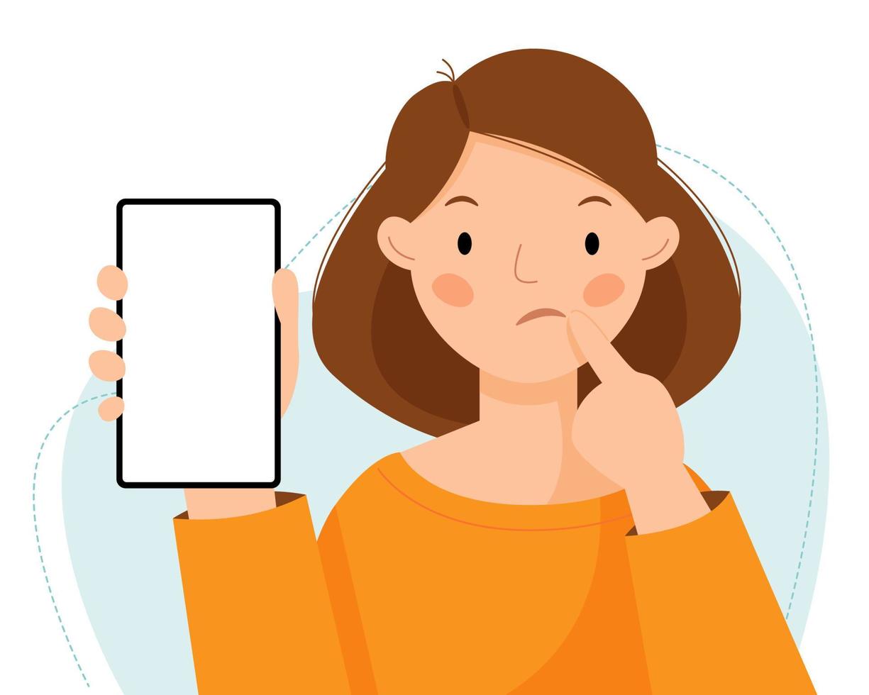 A cute girl is holding a phone in her hands. a woman shows an empty phone and thinks, doubts, does not trust. Negative emotion. Vector flat illustration.