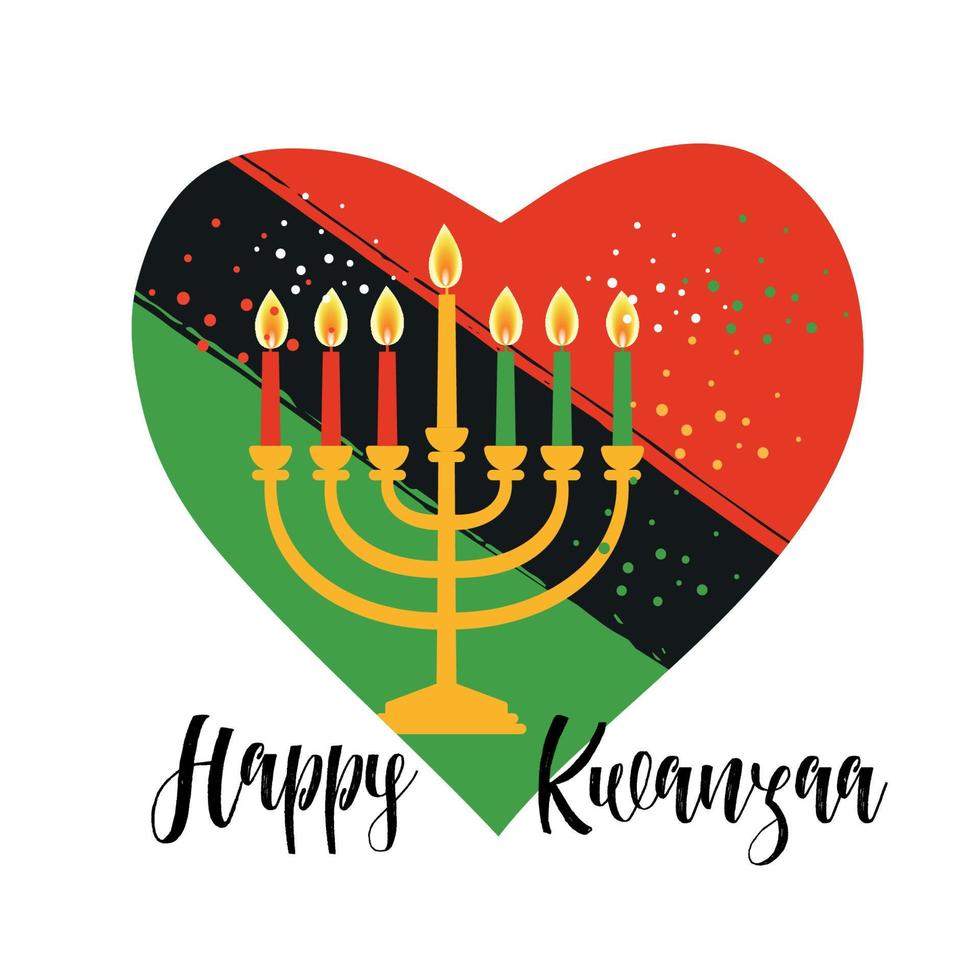 bandera kwanzaa. concepto tradicional de diseño de vacaciones étnicas afroamericanas con una vela encendida en el corazón. ilustración vectorial vector