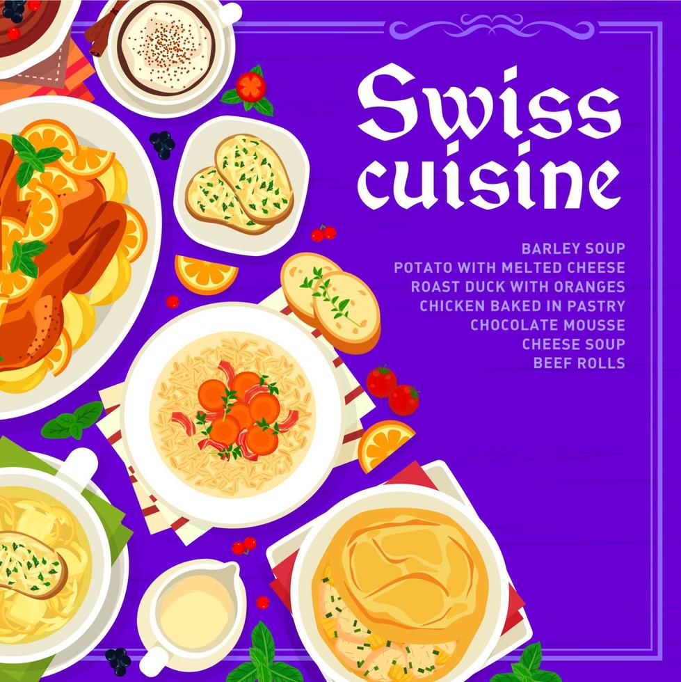 plantilla de portada de menú de comida de restaurante de cocina suiza vector