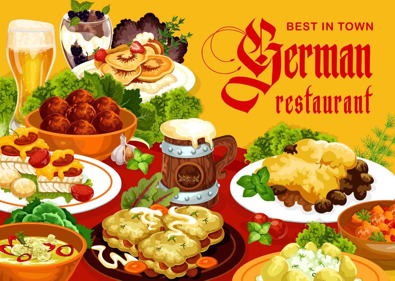 platos de comida alemana, portada del menú del restaurante de cocina vector