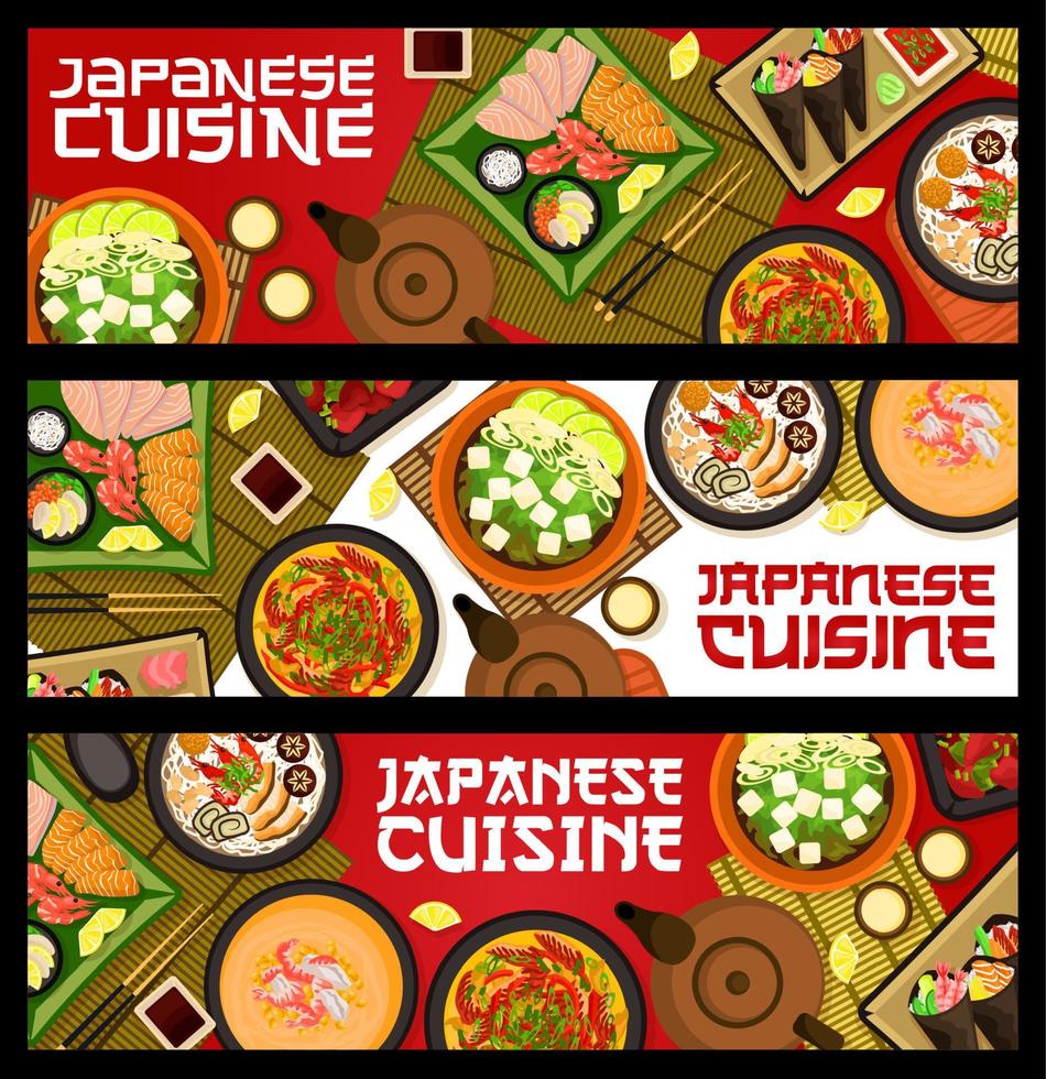 Japanese cuisine meals banners, vector Japan food
