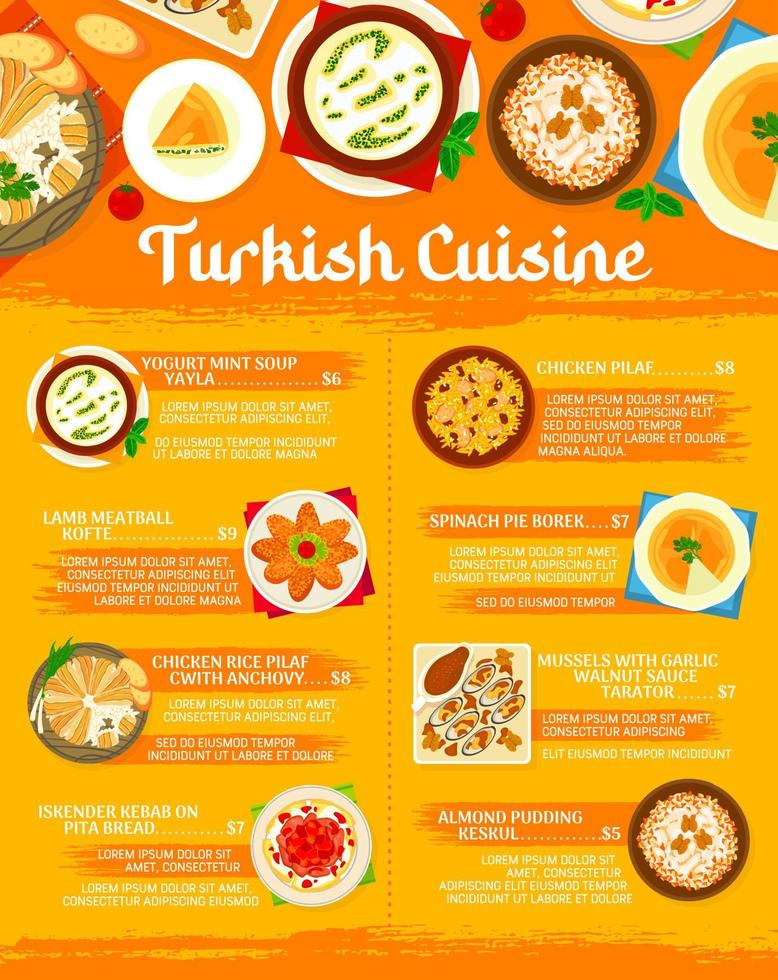 Turkish cuisine menu, Turkey food dishes and lunch vector