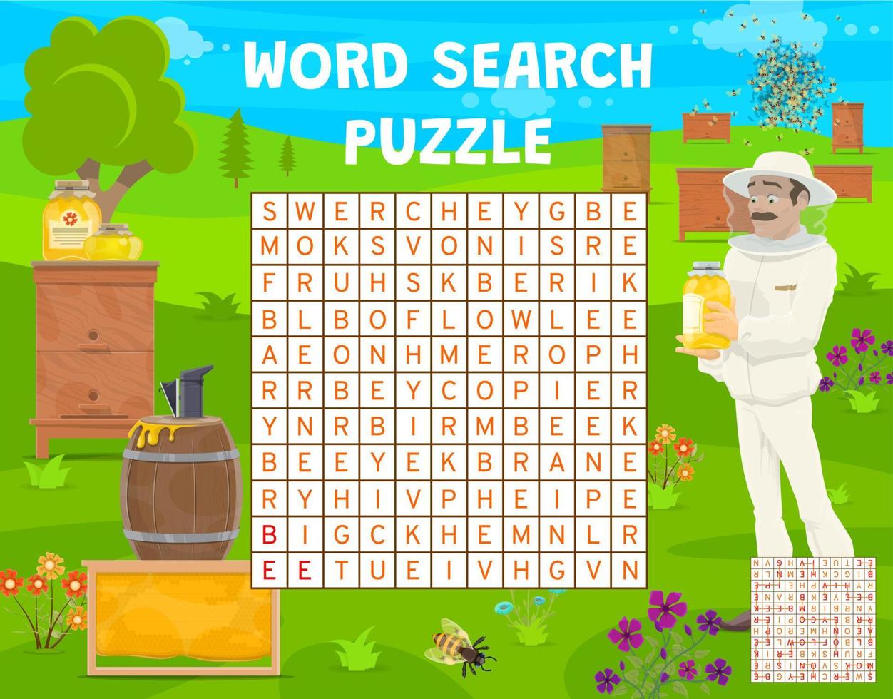 Word search puzzle game worksheet, beekeeping test vector