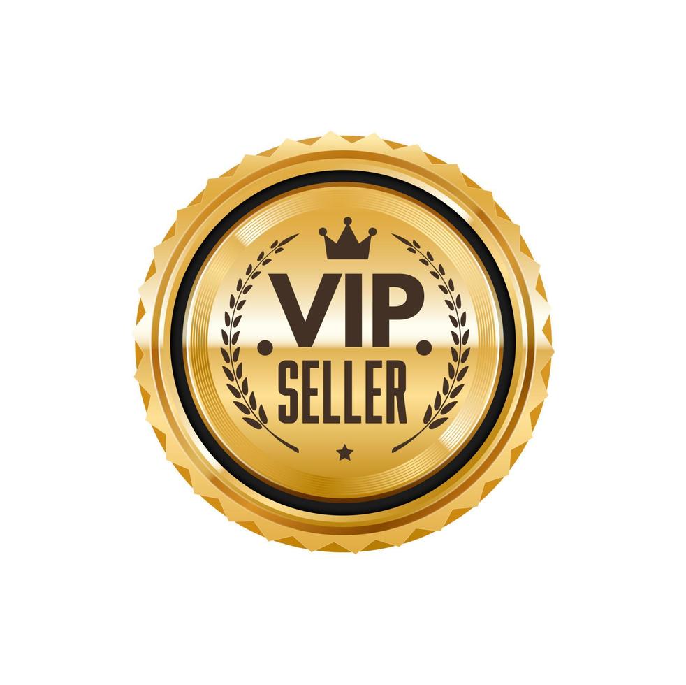 insignia dorada brillante de vendedor vip o etiqueta premium vector