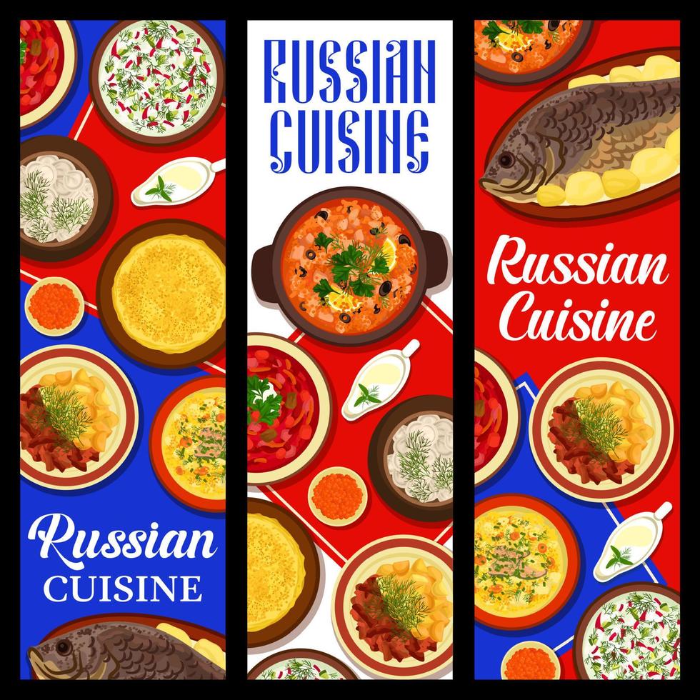 Russian cuisine meals banners, traditional dishes vector