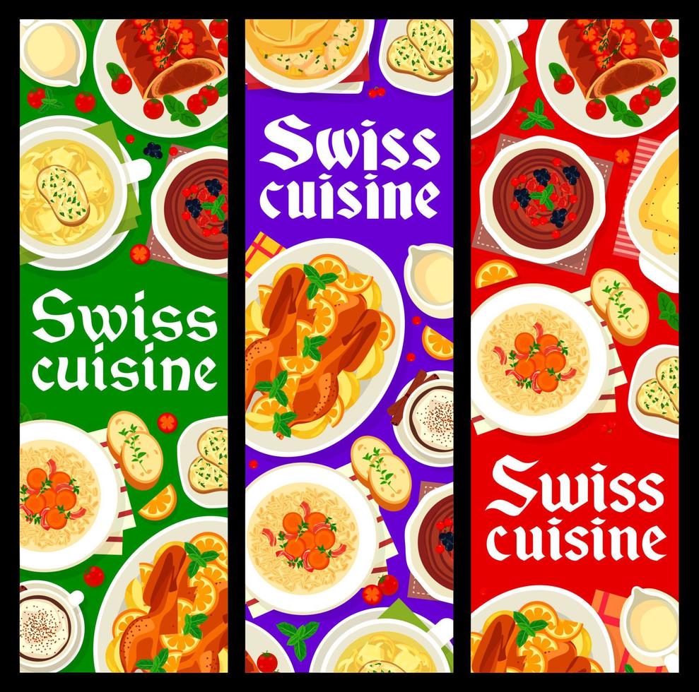 banners de comidas de menú de restaurante de cocina suiza vector