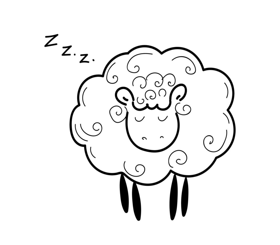 sleeping sheep, symbol of sleep problems, vector doodle hand drawn sketch illustration