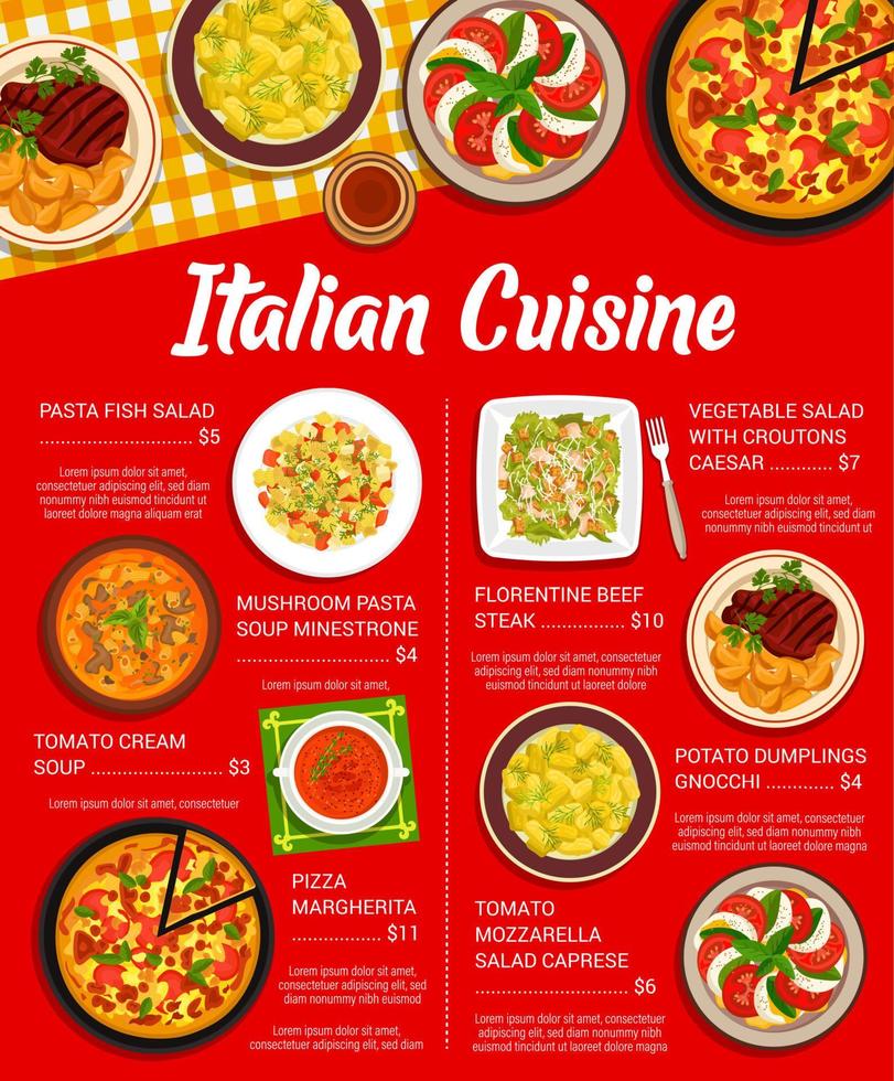 plantilla de menú de comidas de restaurante de cocina italiana vector