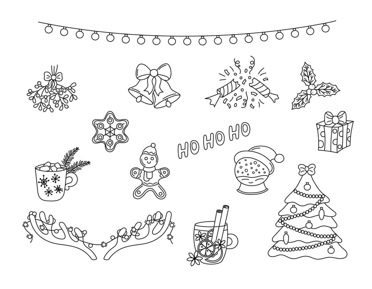 Christmas doodles vector set. Hand drawn black holiday elements isolated on white background. Christmas scribble outline objects tree, garland, jingle bells. Illustration