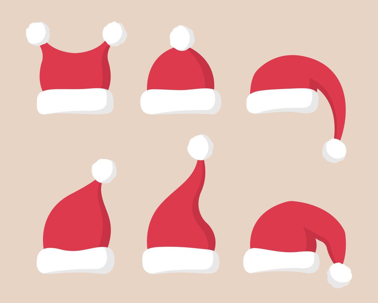 Collection of flat Santa Claus red hats with white fur. Christmas caps and decorations. vector