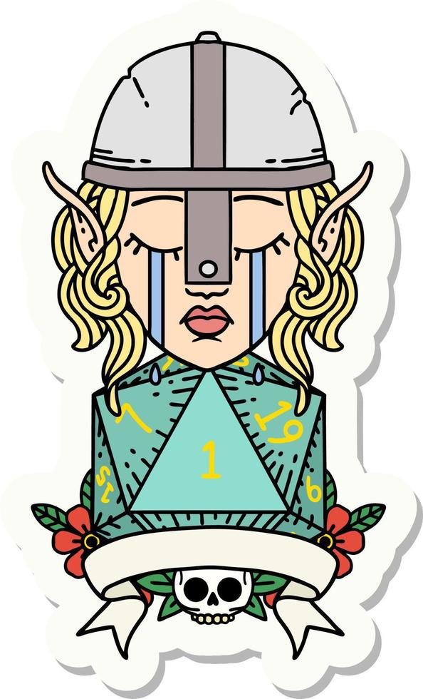 sticker of a crying elf fighter character face with natural one D20 roll vector