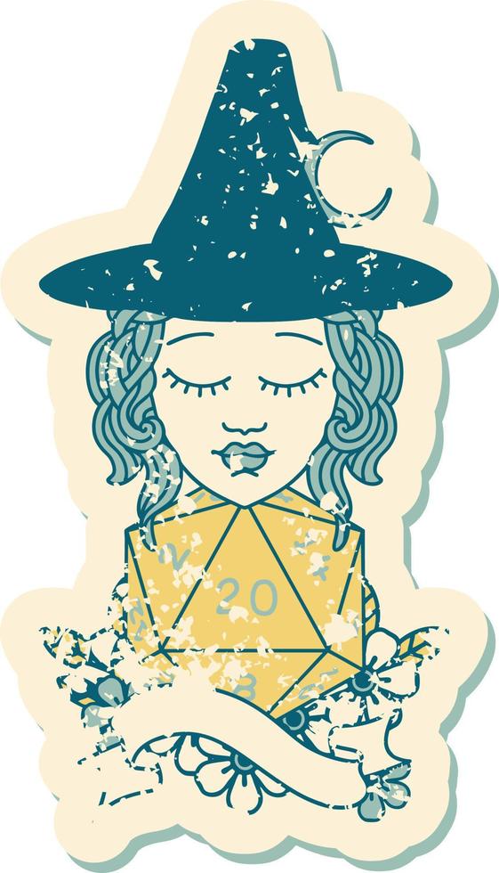 Retro Tattoo Style human mage with natural twenty dice roll vector