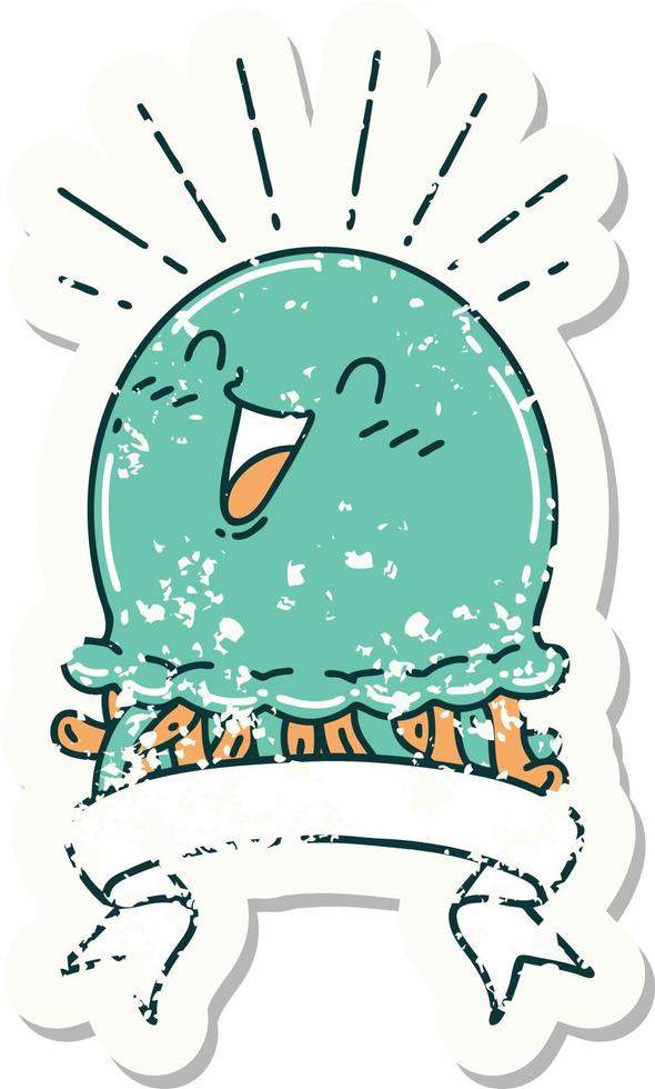 worn old sticker of a tattoo style happy jellyfish vector