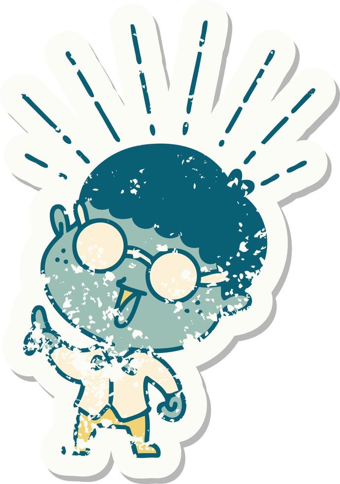 worn old sticker of a tattoo style man with genius idea vector