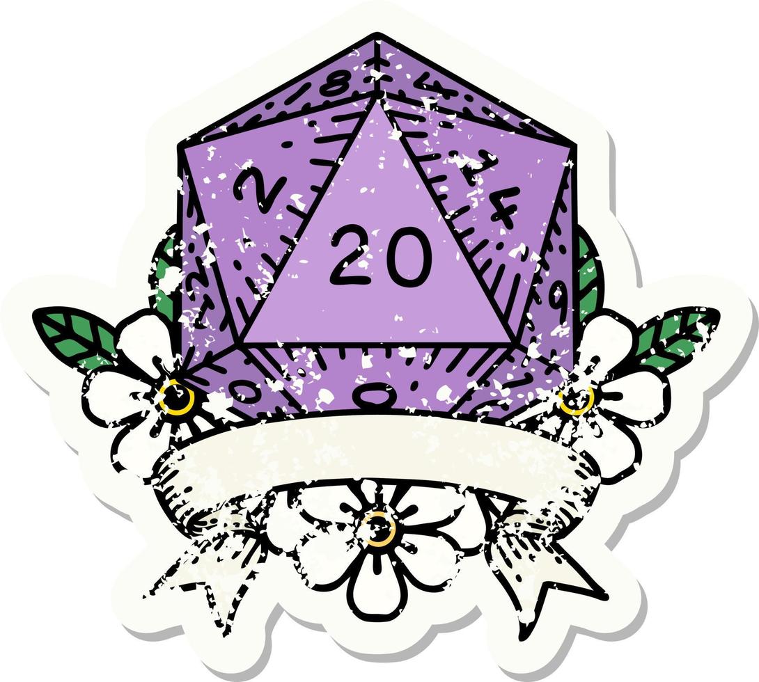 grunge sticker of a natural 20 critical hit D20 dice roll vector