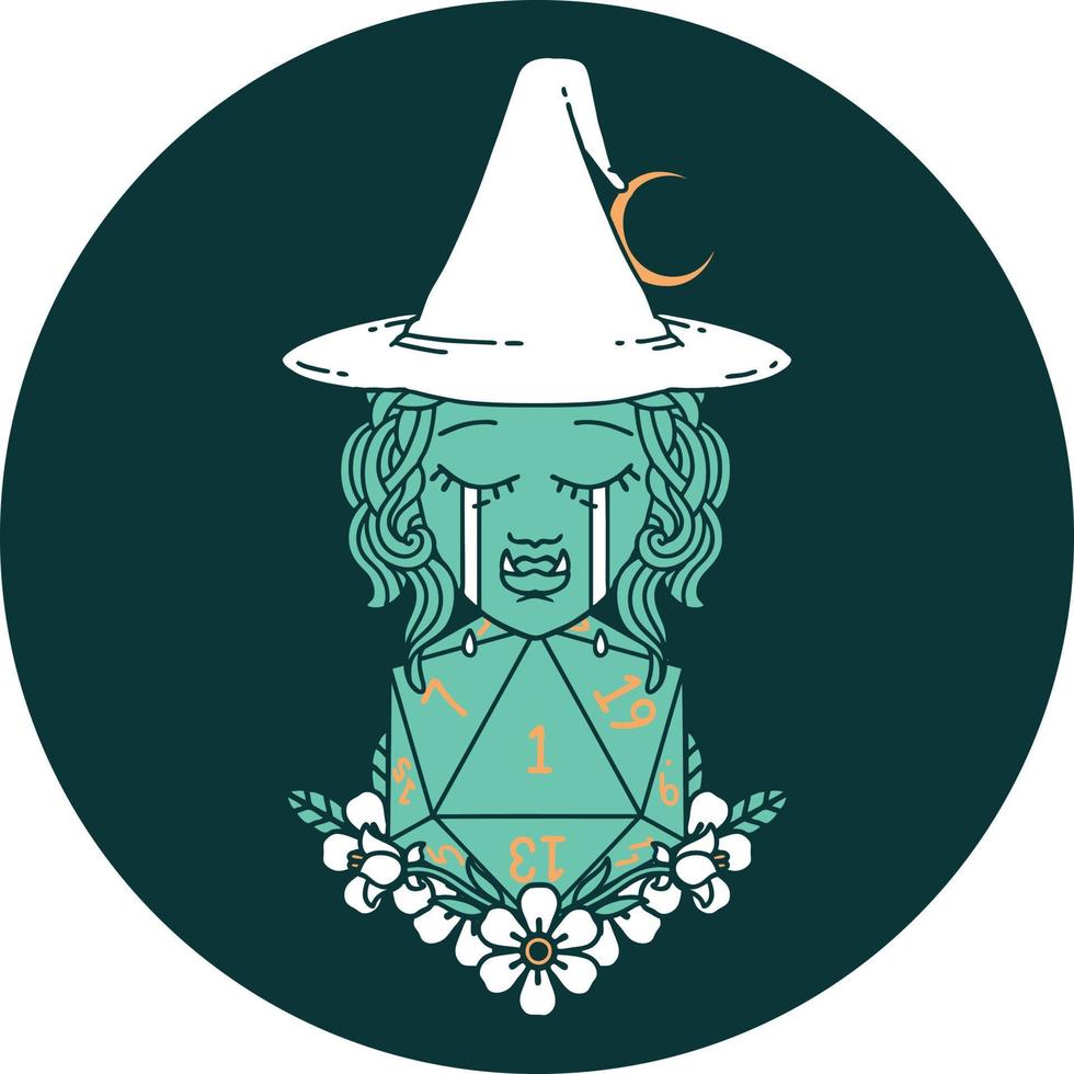 icon of crying half orc witch with natural one D20 dice roll vector