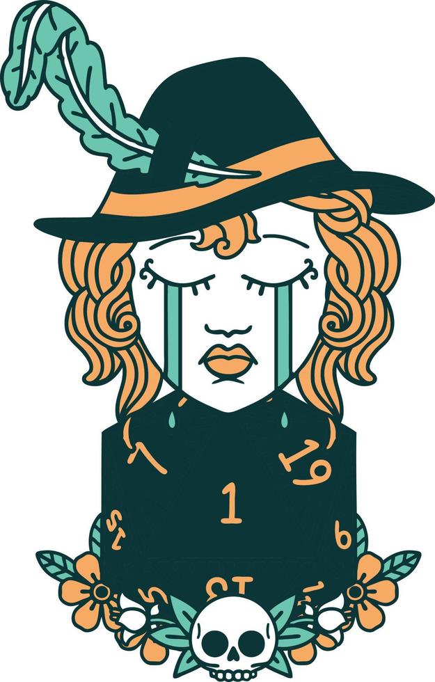 Retro Tattoo Style crying human bard with natural one D20 dice roll vector