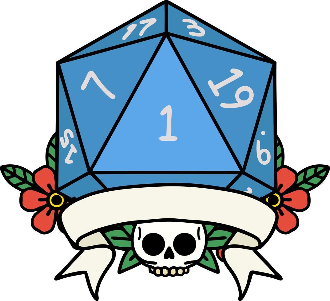 Retro Tattoo Style natural one d20 dice roll vector