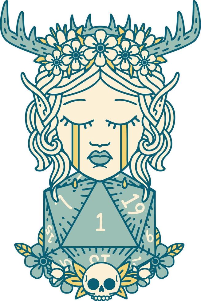 Retro Tattoo Style crying elf druid character face with natural one D20 roll vector