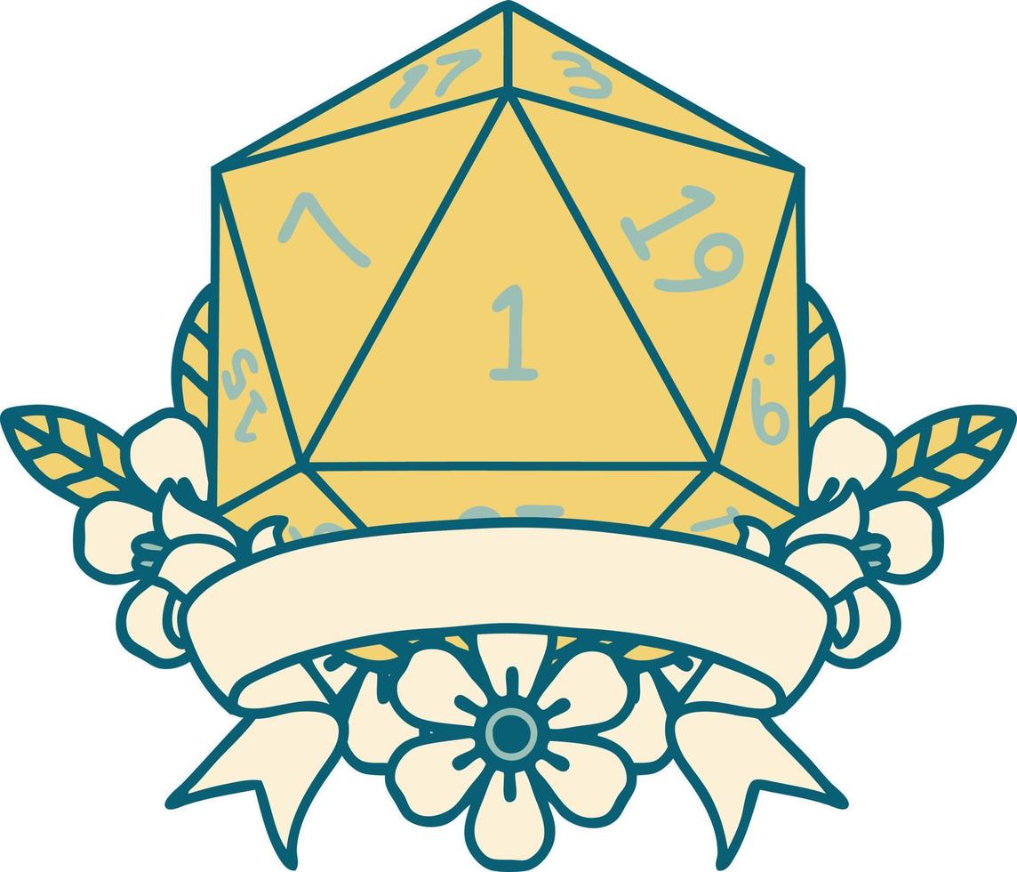 Retro Tattoo Style natural one d20 dice roll vector