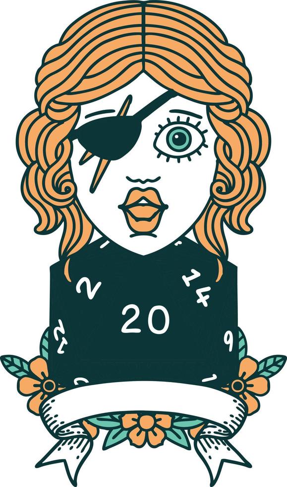 Retro Tattoo Style human rogue with natural 20 dice roll vector