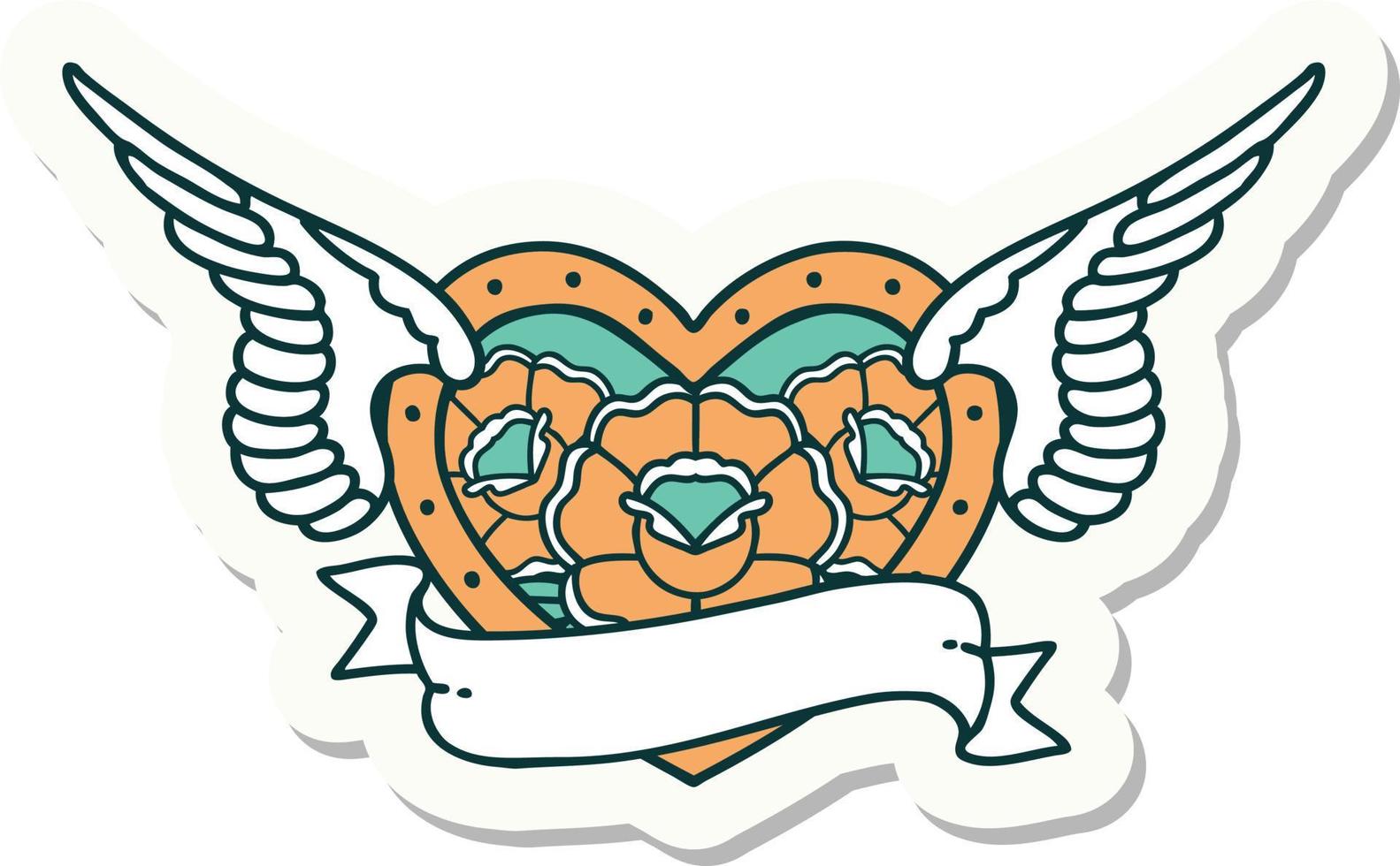 sticker of tattoo in traditional style of a flying heart with flowers and banner vector